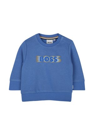 Sweatshirt bleu en tissu doux, avec des manches longues et un col rond. Logo "BOSS" en impression dégradée sur le devant.