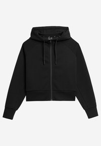Hoodie noir court en matière douce. Il comporte une fermeture éclair à l'avant, une capuche réglable avec cordon, et des manches raglan pour plus de confort.