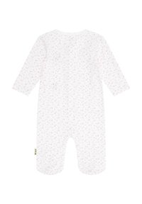 Weißer Baby-Overall aus Baumwolle mit langen Ärmeln, der ein pinkes Blumenmuster und eine weiche Textur aufweist. Enthält ein Etikett am Saum.