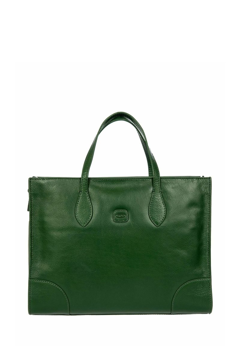 Sac à main en cuir vert avec deux poignées courtes, forme rectangulaire, texture lisse et coutures sur les côtés. Fermeture éclair en haut.