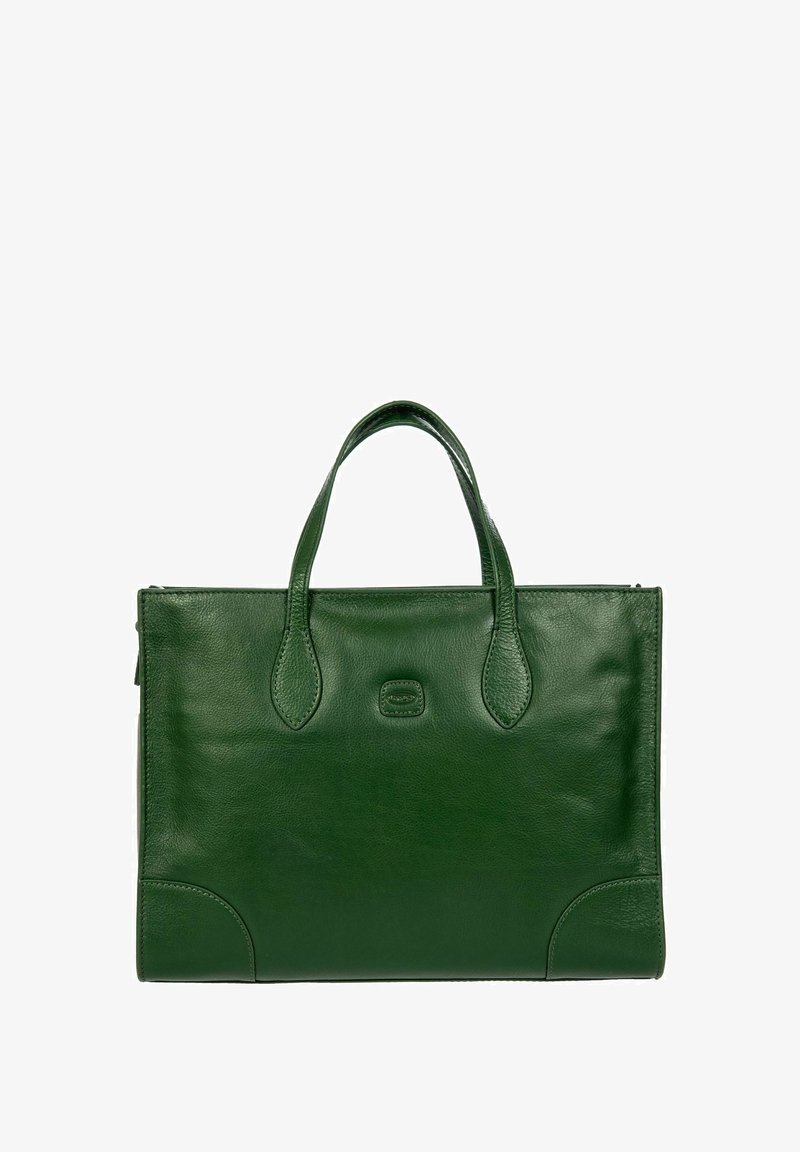 Sac à main en cuir vert avec deux poignées courtes, forme rectangulaire, texture lisse et coutures sur les côtés. Fermeture éclair en haut.