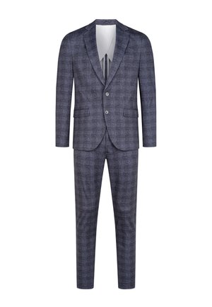 Abito blu navy con un motivo testurizzato, giacca monopetto, due bottoni e pantaloni dritti. Presenta rever a punta e tasche.