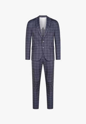 Marineblauer Anzug mit strukturiertem Muster, einreihige Jacke, zwei Knöpfe und gerade geschnittene Hose. Verfügt über Reverskragen und Taschen.