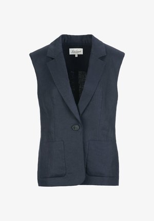 Bezruký ľanový blejzer námorníckej modrej farby s výrezom na klopách, zapínaním na jeden gombík a dvoma prednými našitými vreckami, veľkosť malá.