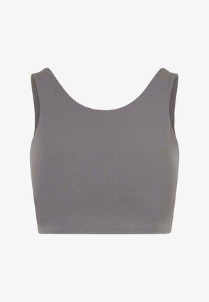 Grauer nahtloser Cropped-Top mit Rundhalsausschnitt und breiten Trägern. Glatter, dehnbarer Stoff ohne sichtbare Hardware oder Verzierungen.