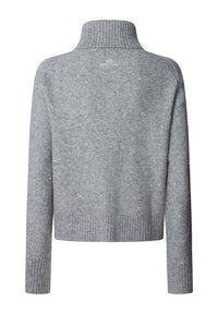 Maglione grigio con colletto alto a costine, tessuto testurizzato e accenti metallici sparsi. Presenta polsini e orlo a costine.