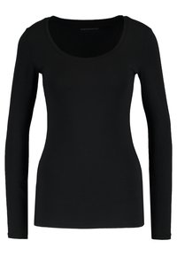 Schwarzes Langarmoberteil mit Rundhalsausschnitt, aus elastischem Material gefertigt. Hat ein tailliertes Design und eine glatte Textur, ohne Muster oder Akzente.