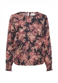 Blouse à manches longues bleu marine foncé avec un motif floral en rose et beige. Elle comporte une ouverture en forme de goutte au dos et des poignets froncés pour une coupe décontractée.