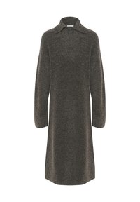 Abito lungo e aderente realizzato in morbido lana grigio scuro; presenta un colletto, maniche lunghe e un'apertura con bottoni al collo. Texture liscia e design minimale.