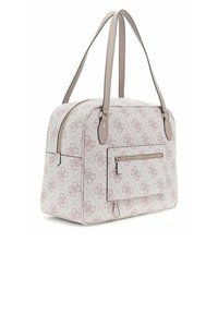 Sac à main gris clair en matériau synthétique, présentant un motif matelassé, des poignées doubles et une poche zippée à l'avant. Accents en métal doré.