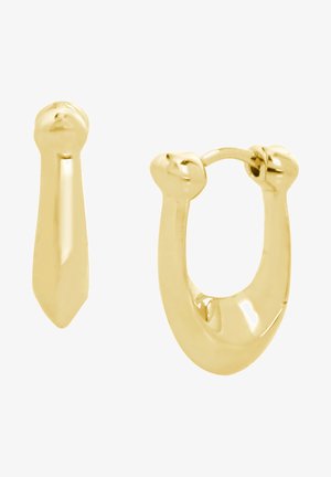 Goldfarbene Ohrringe mit Tropfenform und einem verlängerten Design, ausgestattet mit polierten Oberflächen und glatten Texturen.