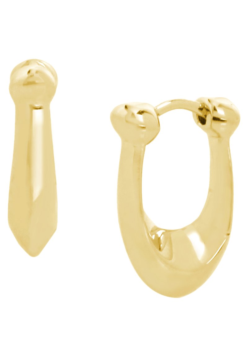 Boucles d'oreilles dorées en forme de goutte d'eau avec un design allongé, présentant des surfaces polies et des textures lisses.