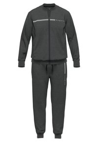 Graues Trainingsanzug-Set bestehend aus einer Reißverschlussjacke und passenden Hosen. Die Jacke hat einen gestreiften Akzent und Logo-Details auf der Vorderseite.