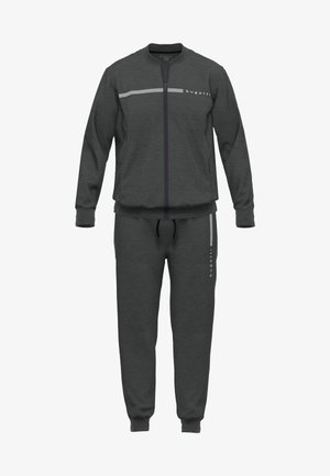 Gray tracksuit set featuring a zip-up jacket and matching pants. The jacket has a striped accent and logo detailing on the front.