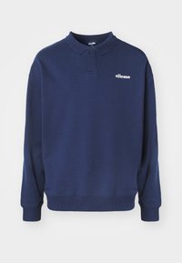 Μπλέ σκούρο φούτερ με γιακά polo, μακριά μανίκια και μικρό λευκό λογότυπο στο στήθος. Κατασκευασμένο από μαλακό υλικό με ριμπ μανσέτες.