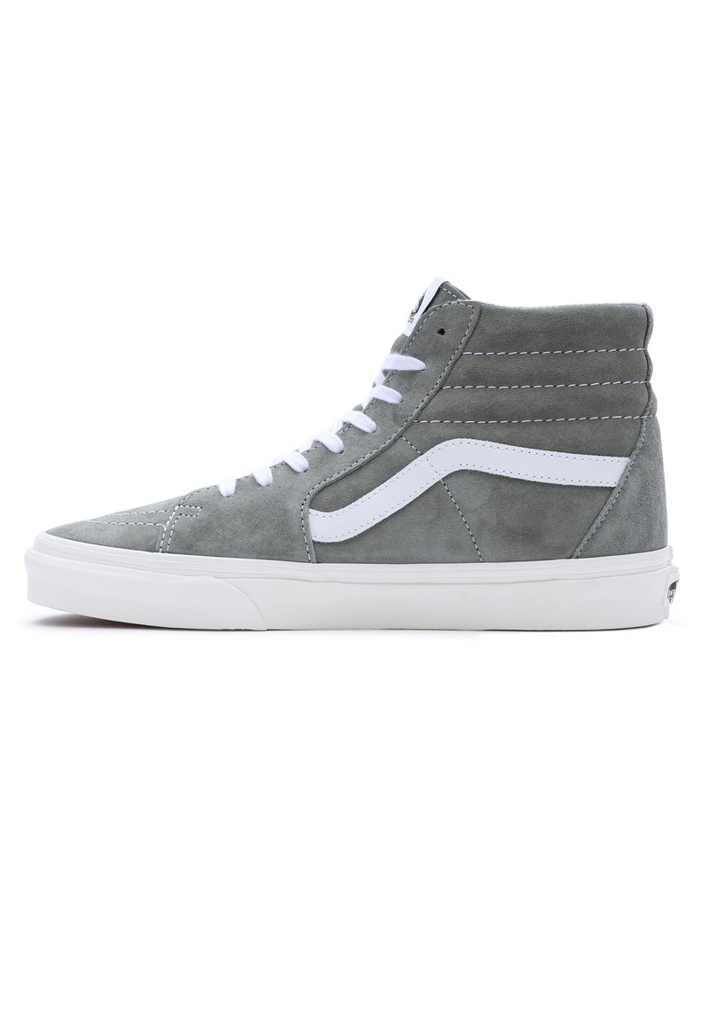 Gray suede high-top sneaker with white lace-up closure, rubber sole, and signature side stripe design. Sleek, smooth texture throughout.