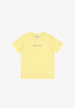 Geel T-shirt met korte mouwen van zacht katoen, met een licht geborduurd "Champion"-logo in het blauw. Minimalistisch ontwerp, klassieke ronde hals.
