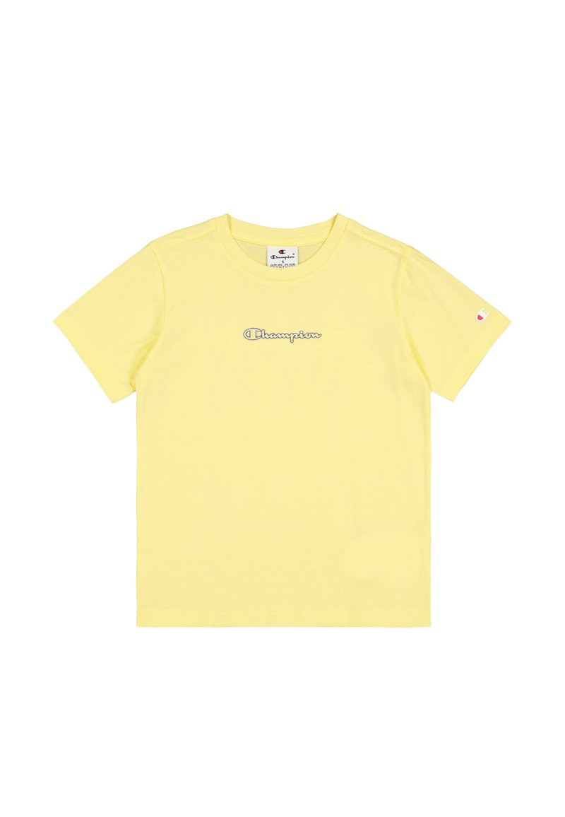 Camiseta amarilla de manga corta hecha de algodón suave, con un ligero bordado del logo "Champion" en azul. Diseño minimalista, cuello redondo clásico.