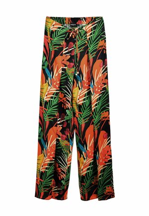 Pantaloni a gamba larga con stampa floreale nera, caratterizzati da vivaci foglie verdi, fiori arancioni e rossi, e una vita con coulisse decorata con perline.