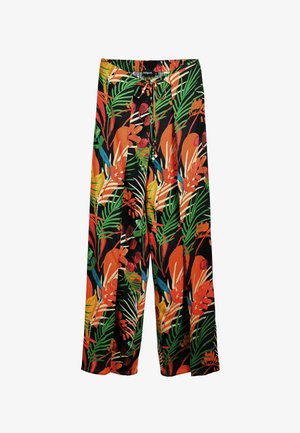 Blomsterprint brede bukser i sort, med livlige grønne blade, orange og røde blomster samt en drawstring talje med dekorative perler.