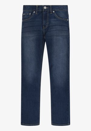 Mørkeblå straight-leg jeans med forreste knap, lynlås og fem-lomme design på en lys baggrund.