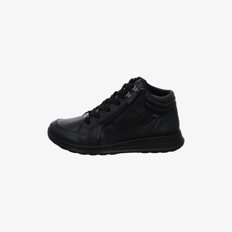 Zapatilla deportiva negra de cuero hasta el tobillo con cordones y cremallera lateral, cuello acolchado y suela texturizada para uso casual.