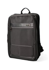 Zaino nero realizzato in tessuto testurizzato con un inserto in pelle liscia, dotato di una tasca frontale con zip e di una robusta maniglia superiore.