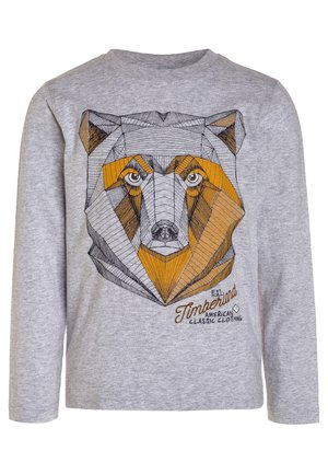 Hellgraues Langarmshirt mit geometrischem Bärengesicht-Design in Schwarz und Orange, mit dem Schriftzug "Timberland American Classic Clothing."