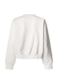Sudadera blanca recortada con mangas largas, puños acanalados y cuello redondo. Textura suave con un diseño minimalista.