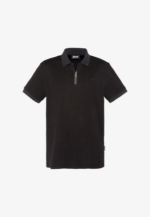 Sort kortærmet polo med mørk krave, lynlåslukning og diskret Schott-logo på venstre bryst.