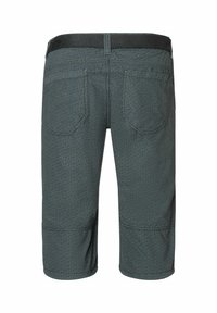 Grau gemusterte Shorts mit einem strukturierten Design, ausgestattet mit Gesäßtaschen, einem schwarzen Bund und einem gerade geschnittenen Bein, das knapp über dem Knie endet.