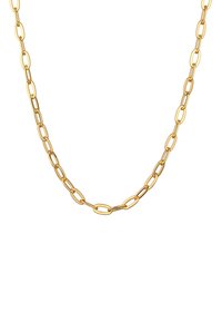 Goldfarbener Kettenanhänger mit abwechselnd langen und ovalen Gliedern, glatter Textur und glänzender Oberfläche.