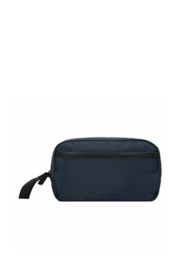Bolsa de nylon de color azul marino con forma rectangular, que presenta un bolsillo frontal con cremallera y una asa de tela en el lateral. Textura suave.