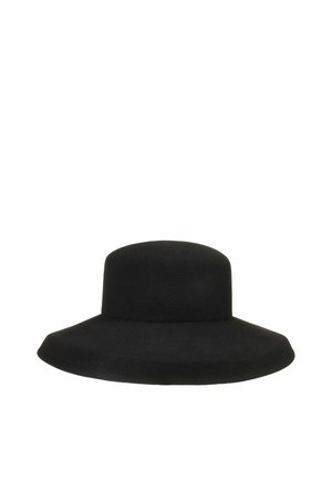 Black wide-brimmed felt hat with a rounded crown and smooth texture, displayed against a white background.