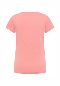 T-shirt à manches courtes rose, en tissu mélangé de coton, col rond, design uni, texture douce, sans motifs ni accents visibles.