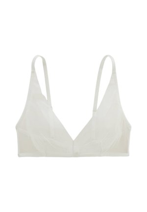 Soutien-gorge triangle blanc transparent avec fines bretelles réglables et sans fermetures visibles sur fond blanc uni.