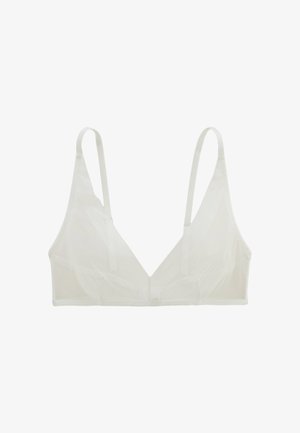 Soutien-gorge triangle blanc transparent avec fines bretelles réglables et sans fermetures visibles sur fond blanc uni.