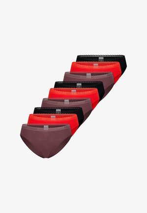 Set di dieci mutandine bikini da donna con bordo in pizzo nei colori nero, rosso e malva disposte in pila sfalsata su sfondo bianco.