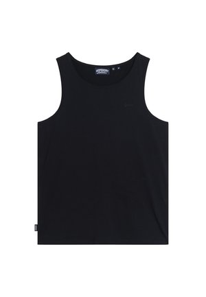 Un débardeur noir en coton, avec un col rond et un ourlet surpiqué. Logo de marque discret à l'avant, sans motifs ni accents visibles.