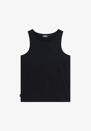 Un débardeur noir en coton, avec un col rond et un ourlet surpiqué. Logo de marque discret à l'avant, sans motifs ni accents visibles.