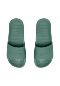 Green rubber slide sandals featuring a textured footbed, wide strap with "KUBOTA" embossed, and a smooth, minimal design.