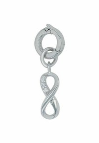 Ciondolo infinito in argento con un design liscio e arricciato, e una parte decorata con piccoli gemme trasparenti, attaccato a una chiusura circolare.