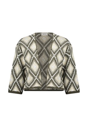 Häkelstrick-Cardigan mit grün-weißem Rautenmuster, offenem Vorderteil und dreiviertellangen Ärmeln.