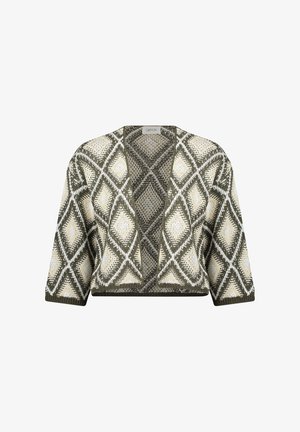 Häkelstrick-Cardigan mit grün-weißem Rautenmuster, offenem Vorderteil und dreiviertellangen Ärmeln.