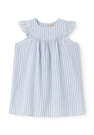 Bezrekawnikowa sukienka dla malucha w pionowe paski w jasnoniebieskim i białym kolorze, z falbankami na ramionach i marszczonym dekoltem z karczkiem.
