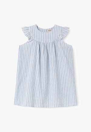 Blyškiai mėlyna ir balta vertikaliomis juostelėmis be rankovių mažylio suknelė su raukšlėtomis petnešėlėmis ir surinkta kaklo sritimi.