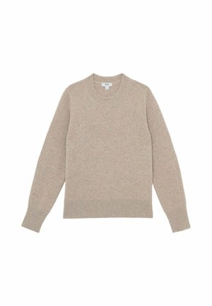 Beige ümar kaelusega sviiter, mis on valmistatud pehmest kudumisest. Omab pikki varrukaid, soonikuid mansette ja ääred ning sujuvat õlavarre detaili.