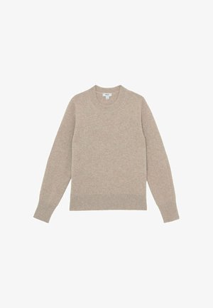 Maglione beige a girocollo realizzato in morbido tessuto a maglia. Presenta maniche lunghe, polsini e orlo a costine, e dettagli senza cuciture sulle spalle.