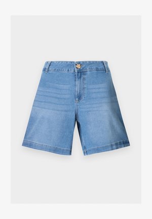 Svijetloplave traper kratke hlače s visokim strukom, zatvaranjem na gumbe, petljama za remen i suptilnim izblijedjelim detaljima na prednjim panelima.