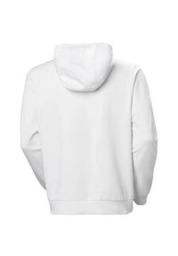 Sudadera blanca de algodón con bolsillo canguro y capucha con cordón. Presenta puños y dobladillo de canalé, vista desde la parte posterior.